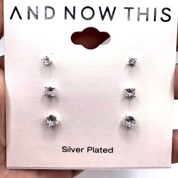 AND NOW THIS Women Set Stud Earrings Cubic Zirconia Clear Fine Silver Plated - Picture 1 of 6